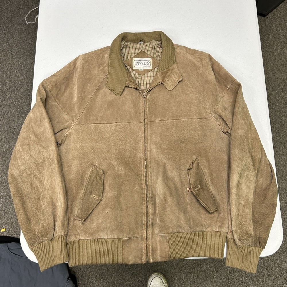Saddlery Leather Bomber Jacket Mens L Tan Suede Full Zip Ribbed Trim Plaid Lined